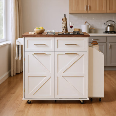 K&k 47.2" Farmhouse Kitchen Island With Drop Leaf, Kitchen Storage Island With Removable Side Racks, Two Drawers, Rolling Kitchen Cart On Wheels With by August Grove