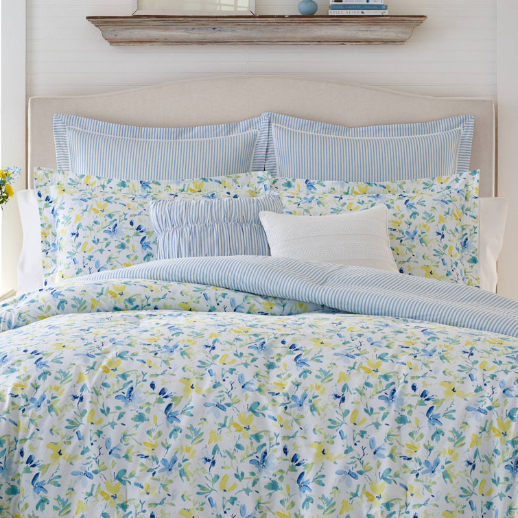 Lillian Blue/Yellow Floral 100% Cotton Reversible Comforter Set