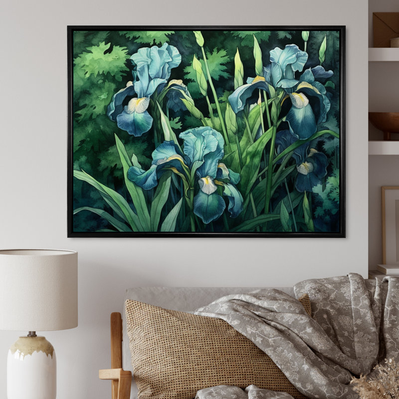 Green Irises Petal II - impression sur toile florale, H 30 po x l 40 po x P 1,5 po, Cadre flottant noir