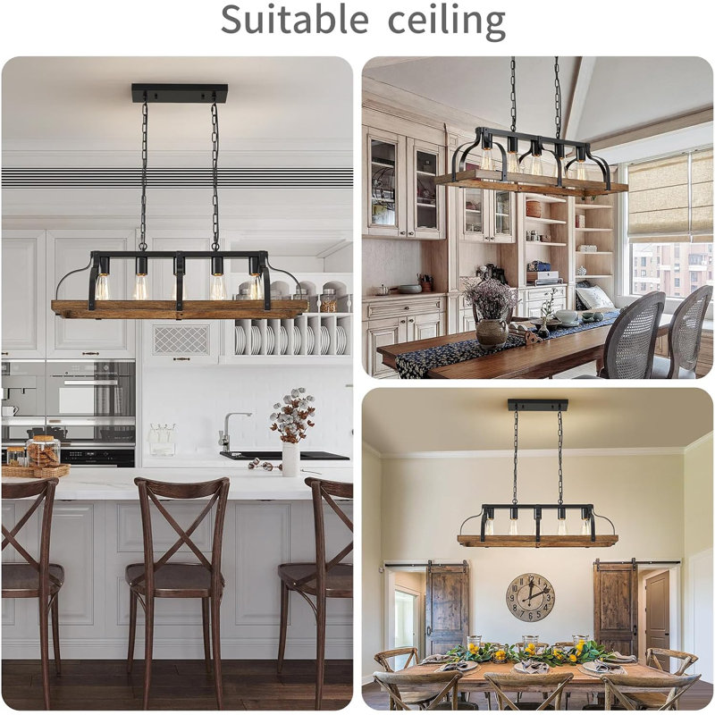 Rustic Black and Wood Grain Linear Pendant Chandelier