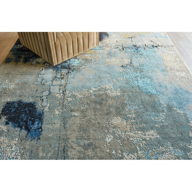 Picasso hand-knotted Wool/Silk Blue/Silver/Black Area Rug, 8'X10'