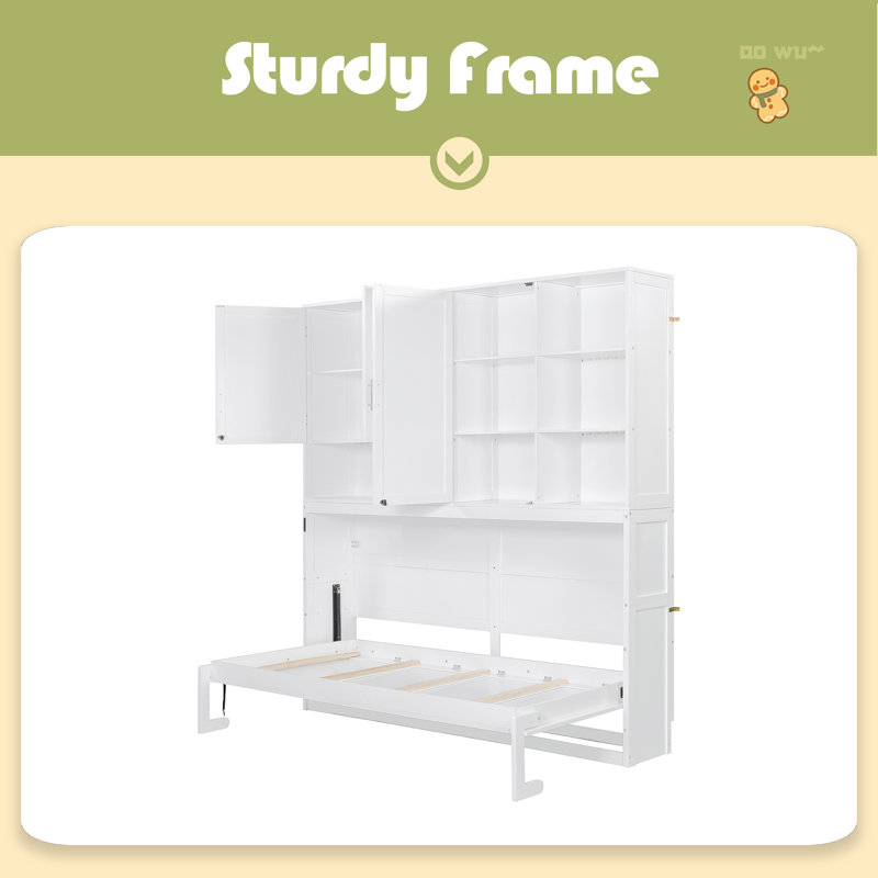 Lit escamotable mural simple avec armoire supérieure, tablettes, lit pliable peu encombrant avec lumière et USB, Blanc