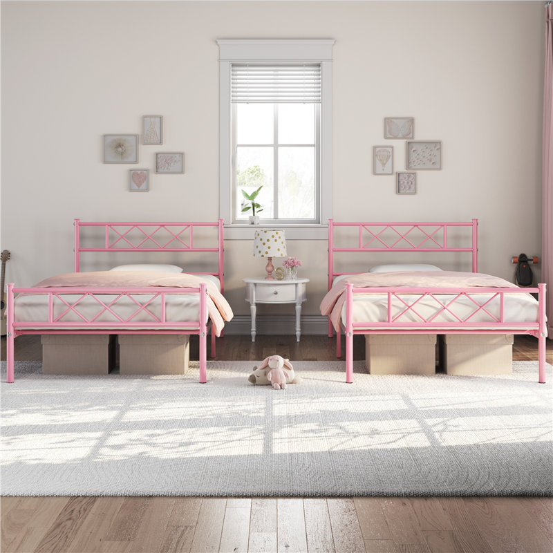 Modern Metal Bed Frame with Cross-design Headboard & Footboard, Single (3'), Pink