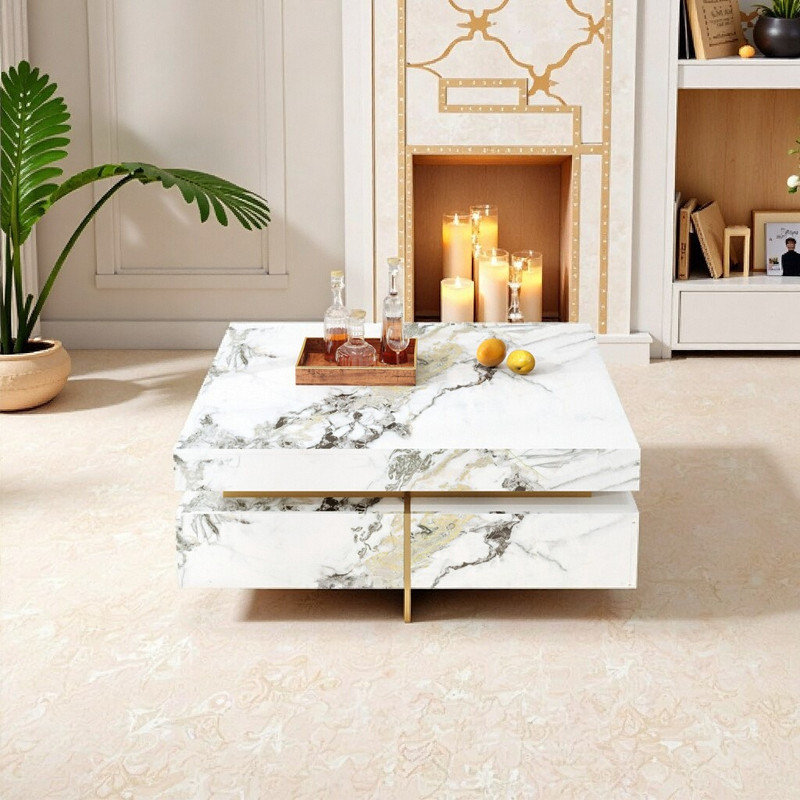 Table basse moderne carrée en faux marbre avec base suspendue et 4 tiroirs 43,3 po