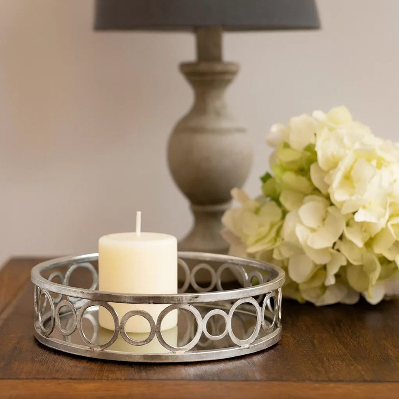 Plateau rond en métal avec panneaux de miroir géométriques, argent, 2