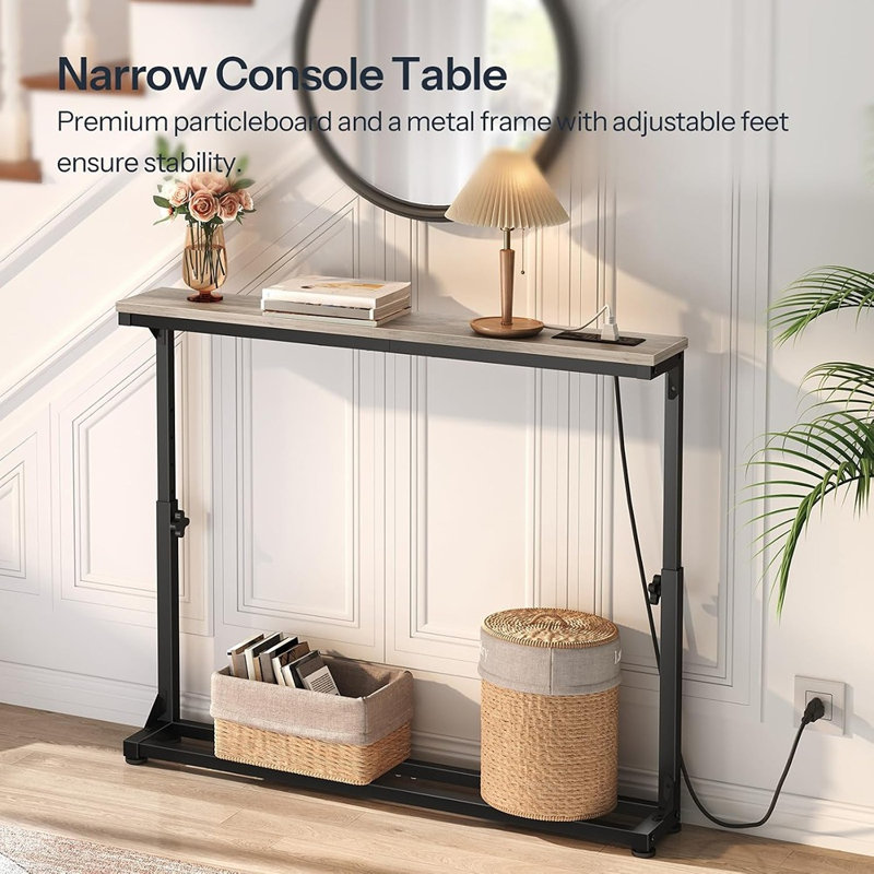 Narrow Console Table with Charging Station, Slim Sofa Table with Storage