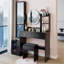 Table de meuble-lavabo à DEL de 17 po de diamètre avec miroir à commande tactile à luminosité réglable en 3 couleurs, armoire à miroir pleine grandeur et tabouret rembourré, conception américaine, matériau, noir, profondeur 42,06 po, largeur 13,99 po
