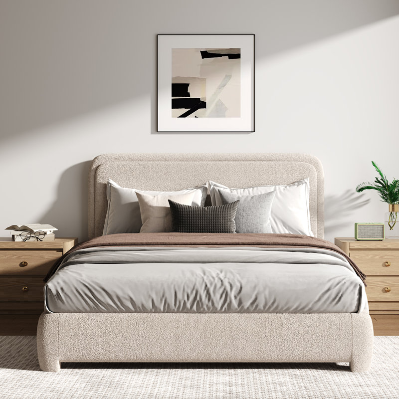 Bensu Boucle Upholstered Platform Bed, Queen, Cream