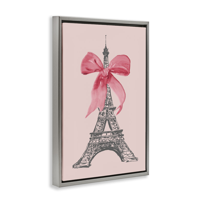 «Pink Bow on Eiffel Tower», toile encadrée dorée par Lanie Loreth, H 31 po x l 21 po, Cadre flottant gris lustré