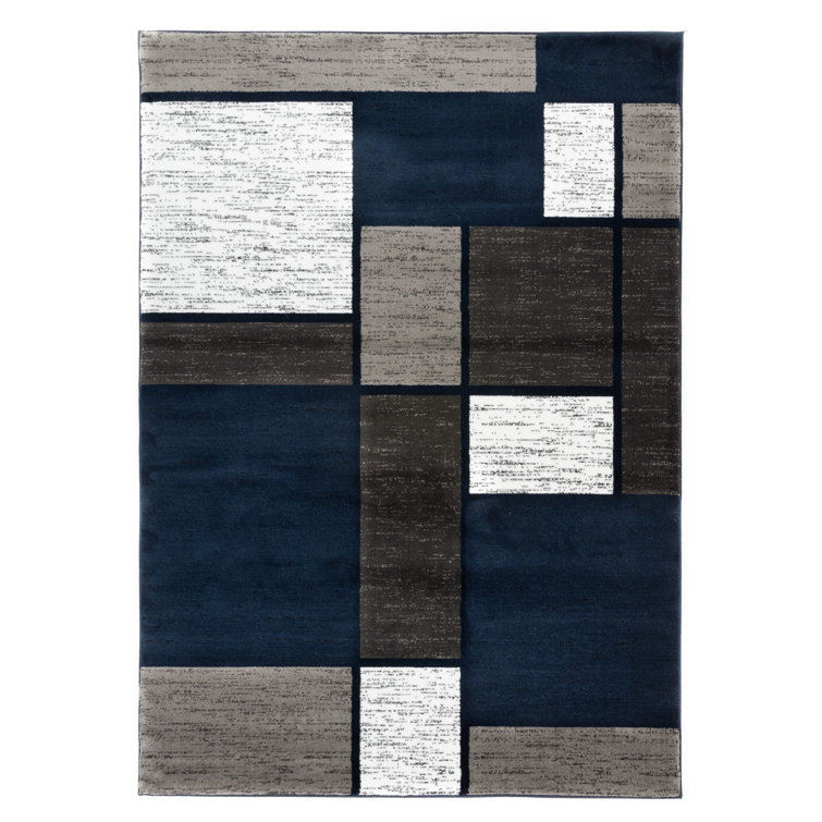 Mehul Woven Geometric Navy/Gray/White Area Rug – Modern, Durable Polypropylene, Medium Pile for Living Room, Bedroom, and Office