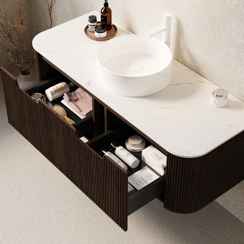 Meuble-lavabo de salle de bain 48 po avec lavabo vasque en céramique blanche, armoire flottante, noyer foncé, 2 tiroirs, grand espace, glissières de tiroir à fermeture en douceur, cuve de comptoir, contreplaqué à rayures 3D, pré-assemblé, système, facile