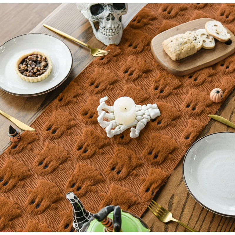 Soft Faux Fur Caramel Ghost Halloween Table Runner 33x183 cm | Seasonal Plush Fall Kitchen Dining Table Decoration for Home Party Decor