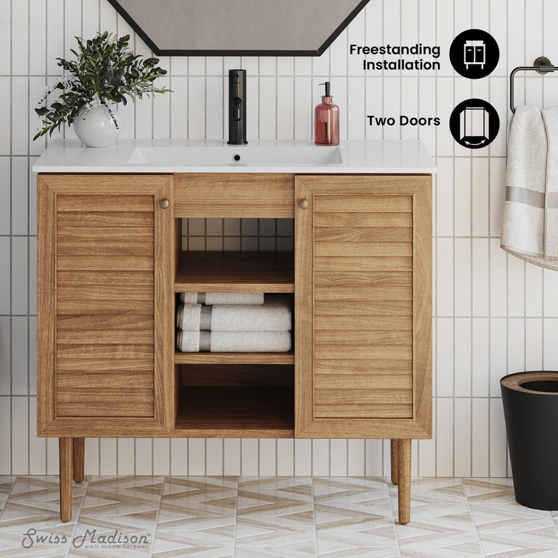 Bron 36" Freestanding Bathroom Vanity in Golden Oak with Sink Top, White, Single-Hole, Golden Oak