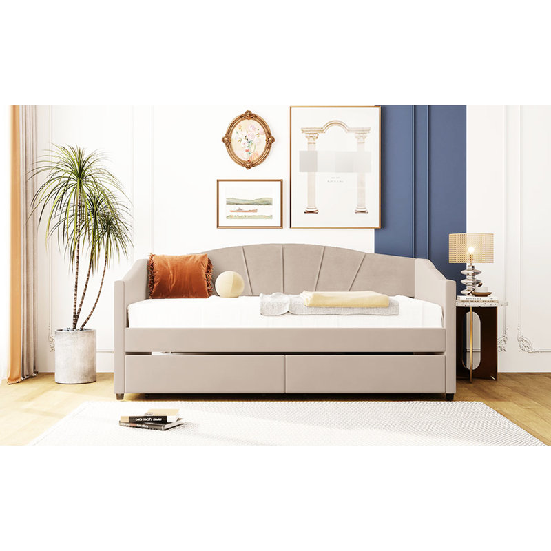 Lit de jour simple avec deux tiroirs en beige - Maximisez votre espace de rangement et de style.