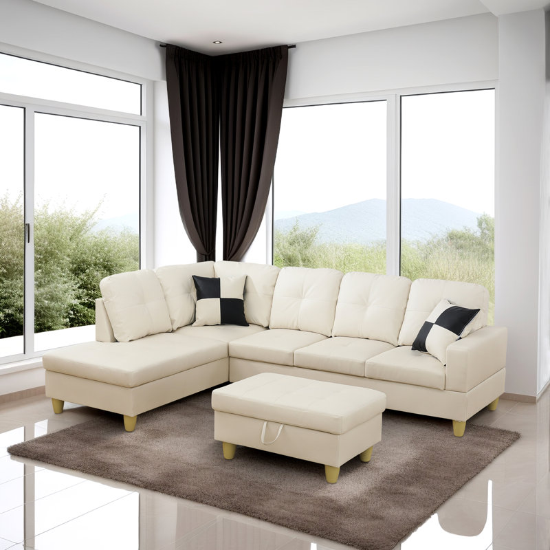 Faux Leather Sectional Left Hand Facing, Beige Faux Leather, Yellow