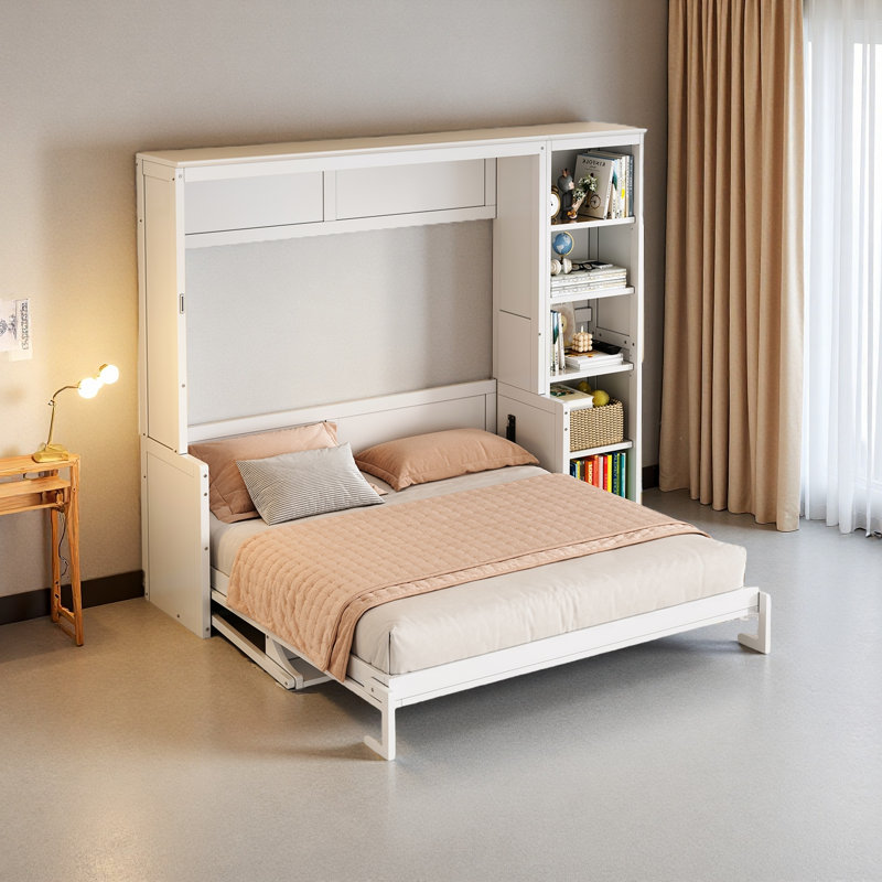Lit escamotable avec bureau et bibliothèque Murphy, Blanc, Grand lit