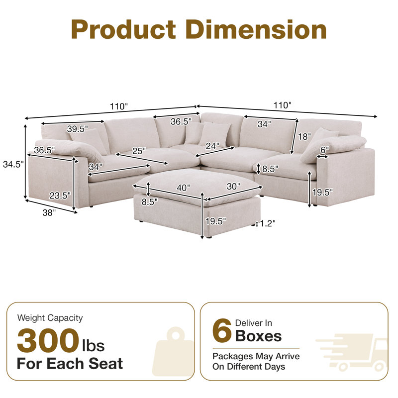 Canapé modulaire surdimensionné 6 pièces en chenille surdimensionné de 110 po avec siège et nuage et repose-pieds amovible