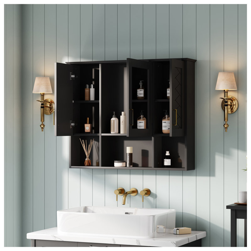 Armoire à pharmacie murale 35 po 2 en 1 avec portes à fermeture en douceur, tablettes réglables et miroir haute définition - Armoire de salle de bain moderne noire pour meuble-lavabo