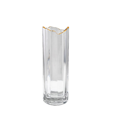 Grand vase en verre à facettes à bordure dorée, grand vase décoratif floral cylindrique, grand vase transparent pour salon, cuisine, bureau, centre de table de mariage, 4 po de diamètre et 11,5 po de hauteur