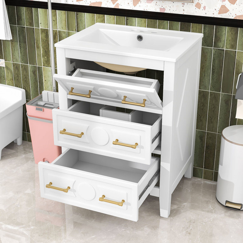 Élégant meuble-lavabo peu encombrant avec lavabo en céramique et 3 tiroirs de rangement dissimulés, Blanc