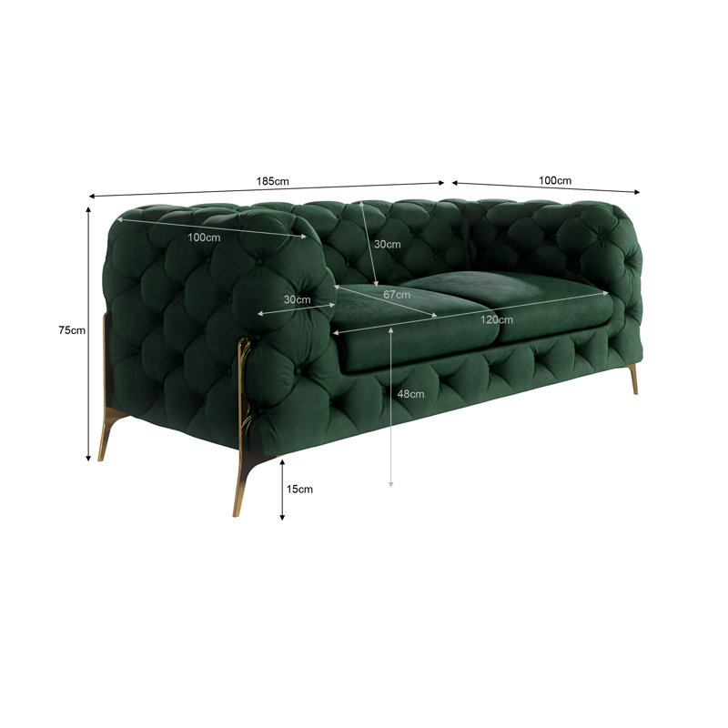 Chesterfield Sofa Set 3+2+1 Hanks with Gold Metal Legs, Bottle Green