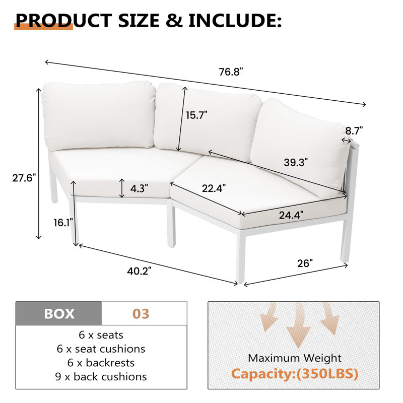 6 - Person Aluminum Outdoor Patio Sectional Sofa Set, Beige, 6