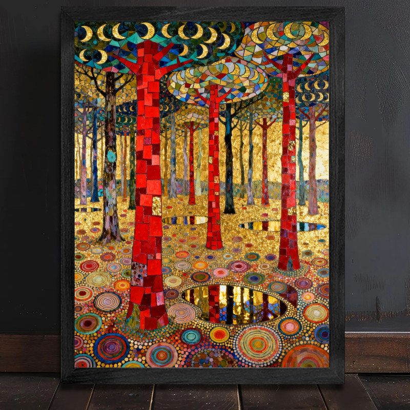 Art mural encadré noir de style forêt dorée de style Gustav Klimt, impression de cadre bohémien Art Nouveau