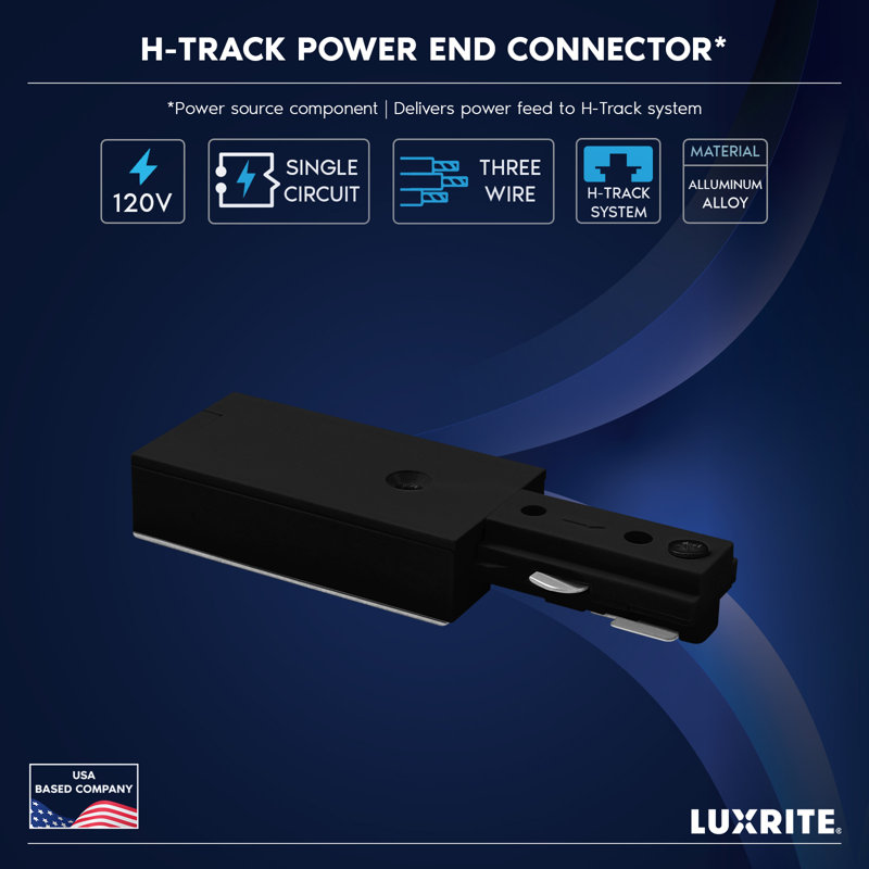 Connecteur d'extrémité de puissance à rail H Luxrite, accessoire d'éclairage à 3 fils H-Track à circuit unique, alimentation électrique en direct 120 V pour système de rail de type H, paquet de 2 noir