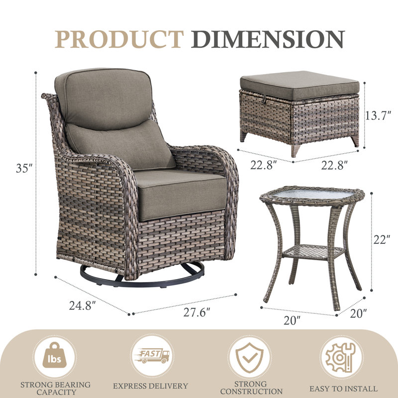 Ensemble de conversation d'extérieur 5 pièces avec chaises berçantes pivotantes en osier, repose-pieds et table d'appoint Deb