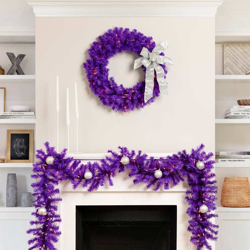 Pre-Lit Artificial Pine Christmas Garland - 9' - Clear Lights, Purple