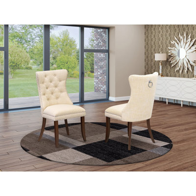 Denison Parson Dining Chairs - Button Tufted Nailhead Light Beige Polyester Fabric Upholstered Chairs, Set of 2, Mahogany