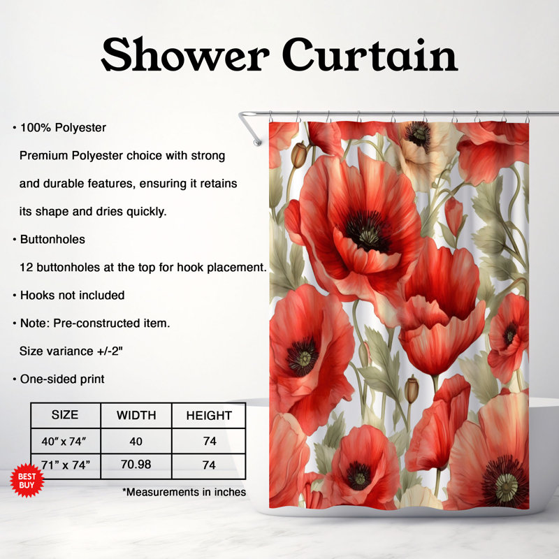 Rideau de douche standard 1 pièce Flora Flow, H 74 po x l 71 po