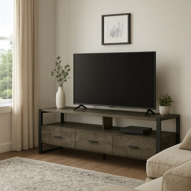 Meuble télé, 72 po, meuble multimédia, tiroirs de rangement, métal, contemporain, moderne, Gris