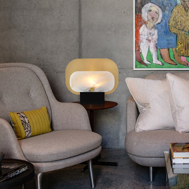 Enigma W Modern Bauhaus Alabaster Table Lamp With Iron Base | 2700K Warm White | Black Base, 14" H x 17" W x 5" D