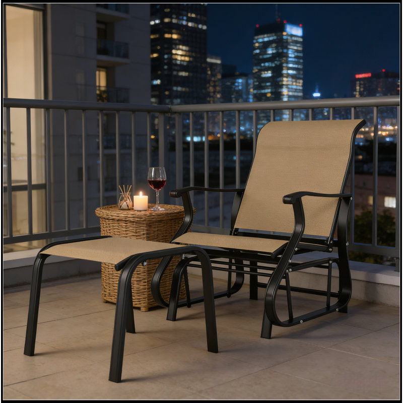 Comfortable High Back Glider Chair Set with Ottoman for Outdoor Relaxation, Black/Tan