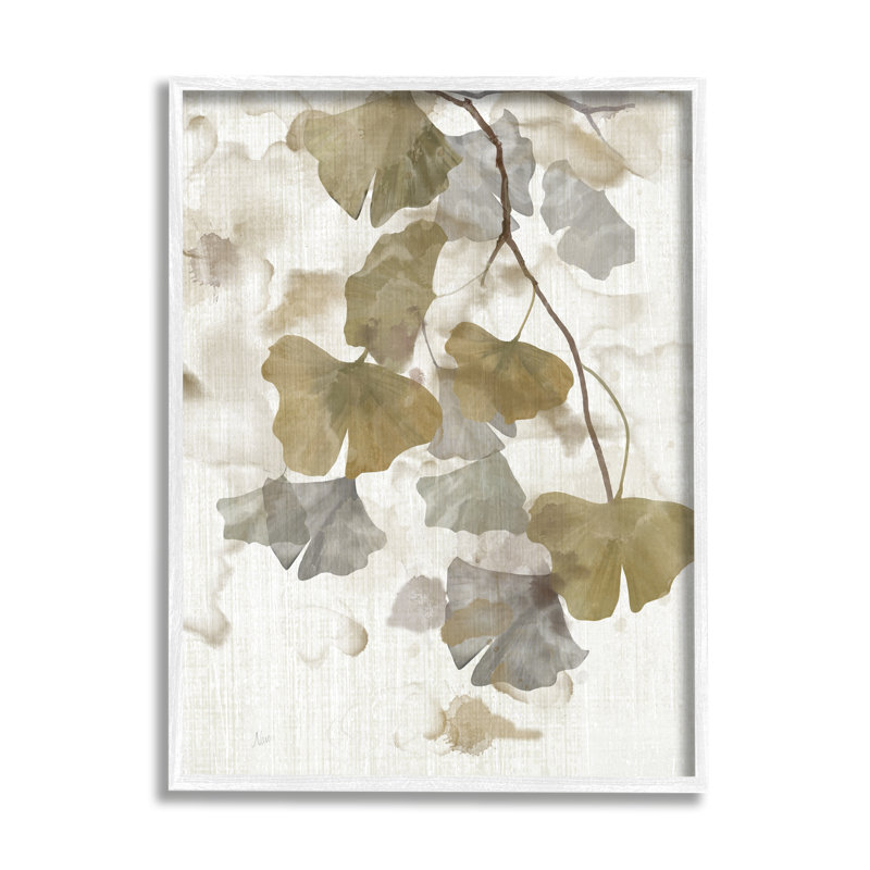 Ba-244 - Feuilles de gingko neutres encadrées sur bois par Nan, H 20 po x l 16 po x P 1,5 po