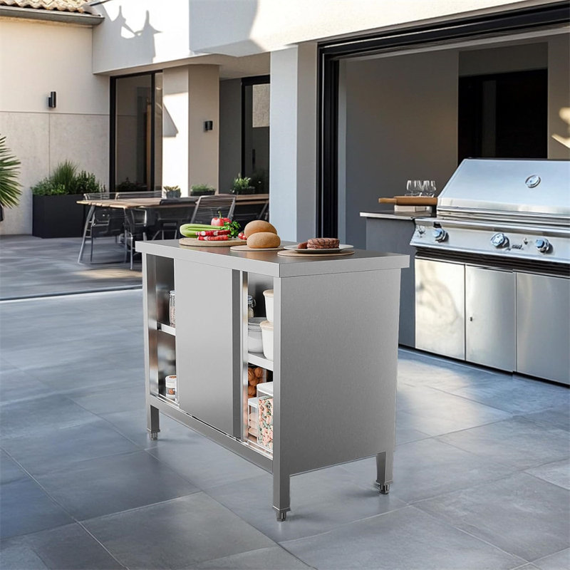 39 X 19 Inches Stainless Steel Prep Table With Cabinet And 2 Sliding Doors