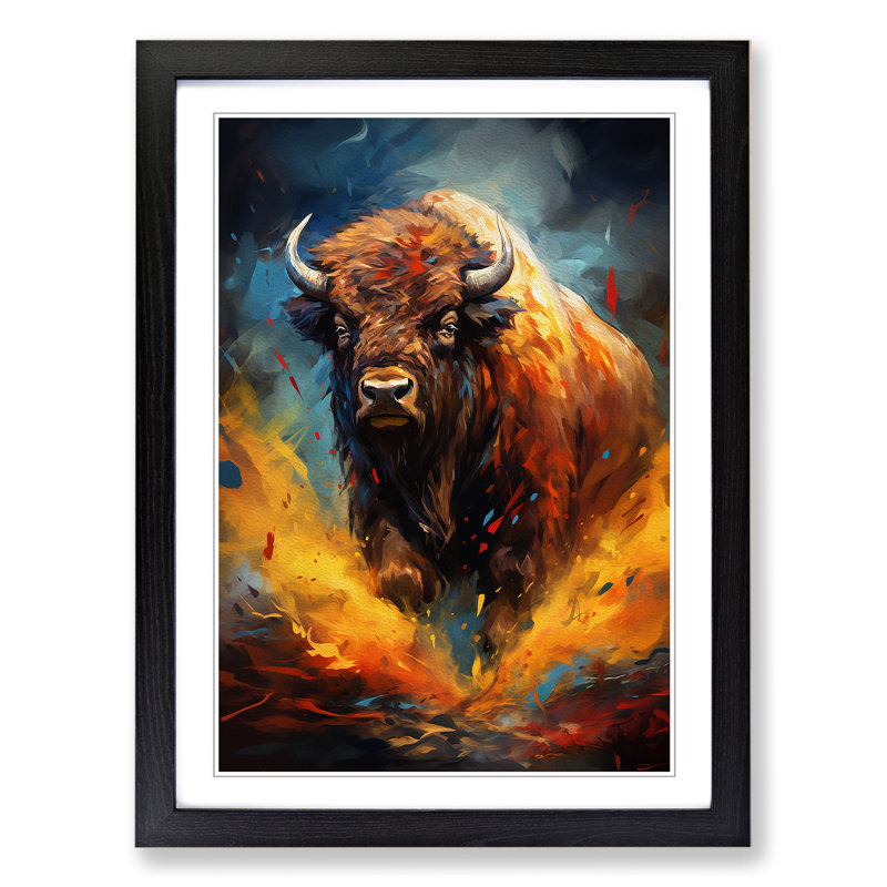 Bison Gestural Art - Framed Print, 46cm H x 34cm W x 2cm D, Black Framed