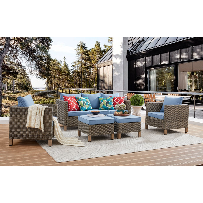 Brezae Wicker 5-Person Patio Conversation Set with Cushions, Blue