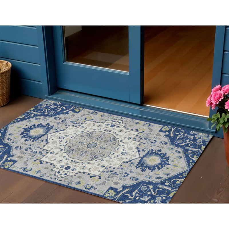 3' X 5' Navy Blue Oriental Washable Indoor Outdoor Area Rug