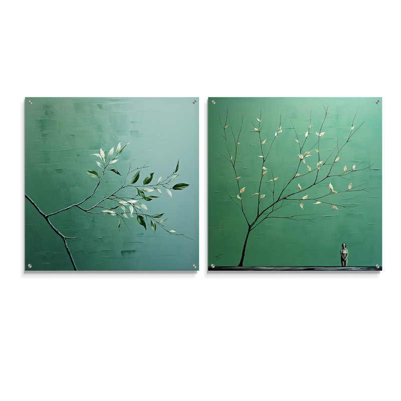 «Botanical Seafoam Solitude», ensemble de 2 peintures murales en acrylique sur verre, H 16 po x l 33 po
