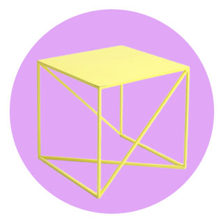 Modern yellow square side table with a geometric metal frame on a lavender circular background.