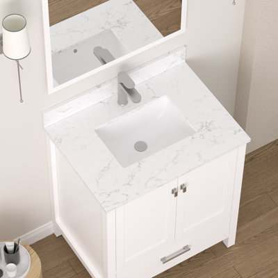 30" Single Sink Bathroom Vanity Top with White Engineered Stone Countertop and Square Undermount Ceramic Sink（Vanity Base Not Included）