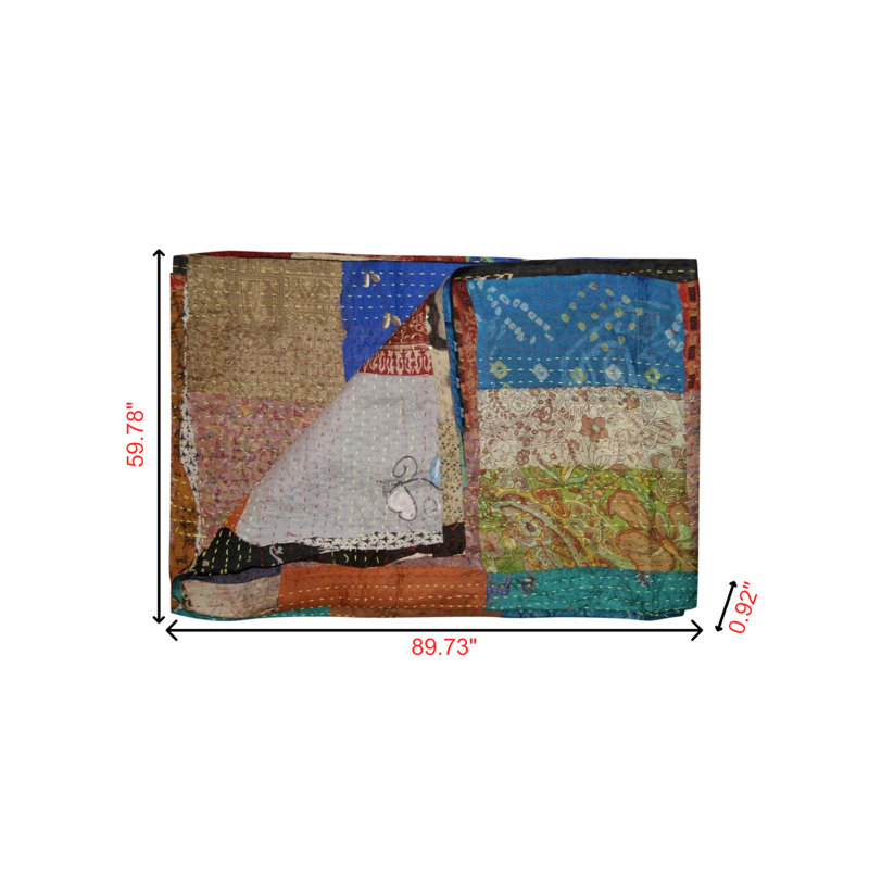 Jeté en coton avec broderie Trio, L 59,78 po x l 89,73 po, Bleu / brun / patchwork vert