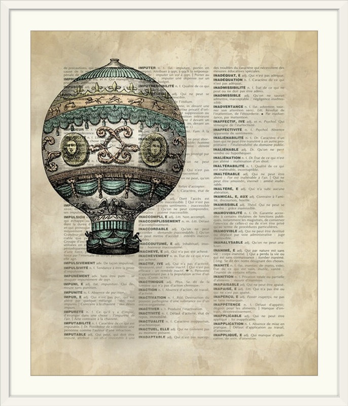 «rétro dictionary, ballon d’air chaud 3" par kate lillyson, impression, H 38 po x l 32 po x P 1 po, Cadre blanc