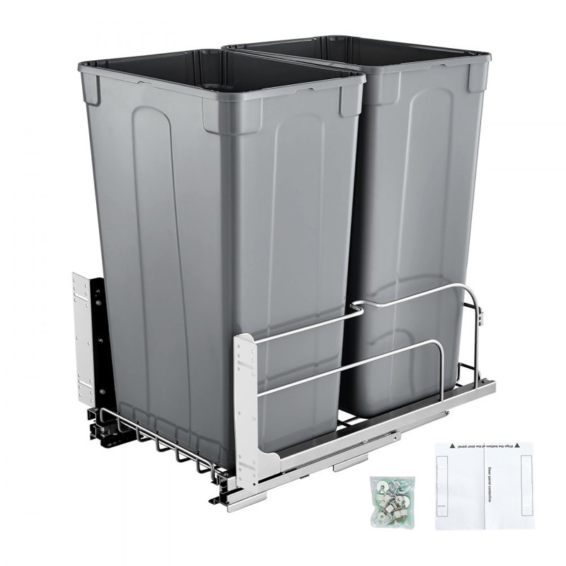 Pull-Out Trash Can, 50 QT x2 Double Under Mount Kitchen Waste Container, Heavy-Duty Garbage Recycling Bin with Door Kit and Soft Close Slide, Sink, Under Counter (Grey), Designed for Kitchen Cabinet