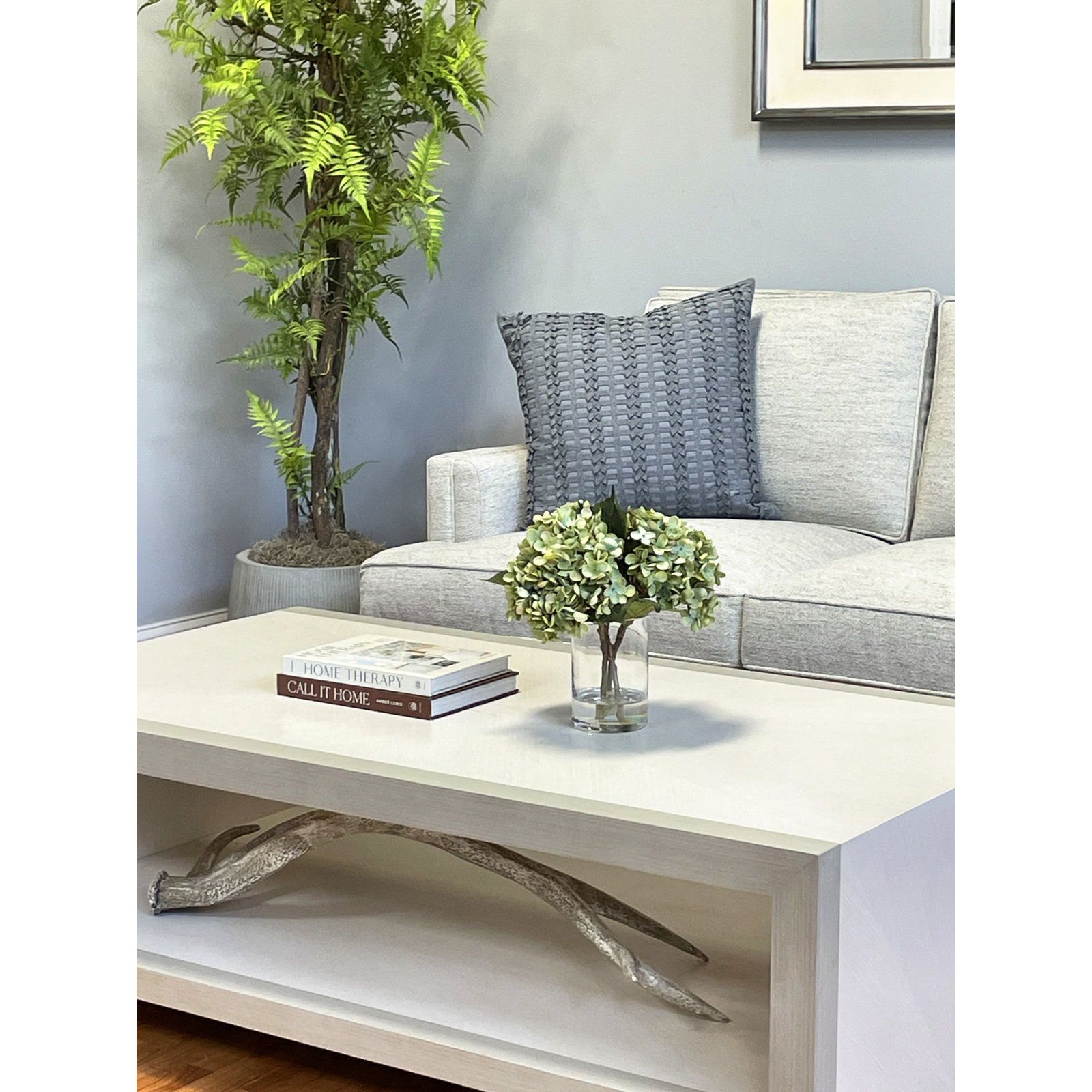 Hydrangea Floral Arrangement in Glass Vase in , Green