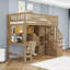Lit mezzanine simple en bois avec bureau, DEL, tablettes, armoires et escalier de rangement-607488296