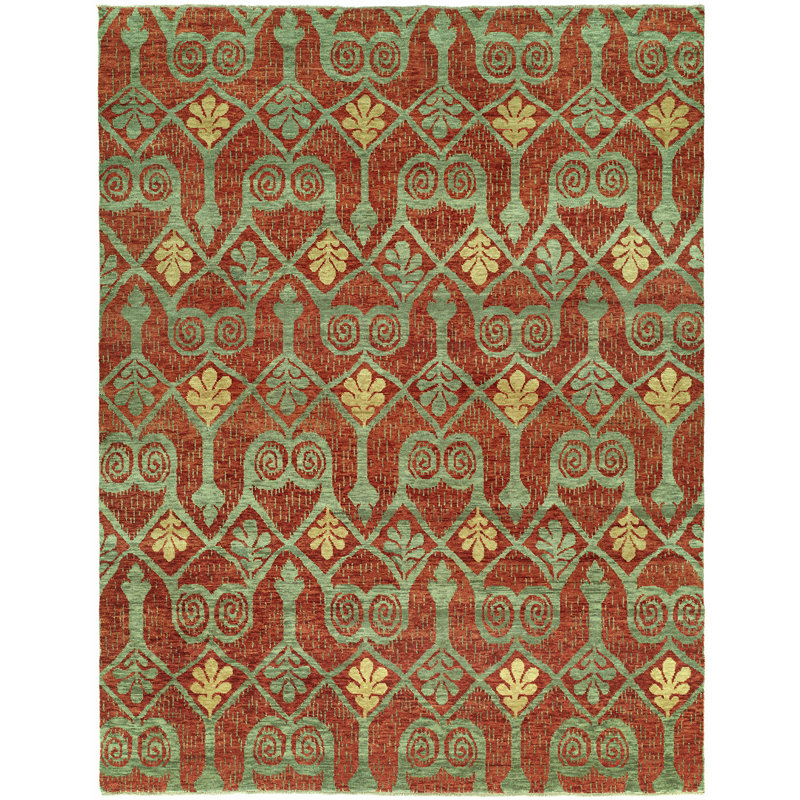 Tapis rouge / vert en laine noué à la main Dontavious, Rectangle 8 pi x 10 pi