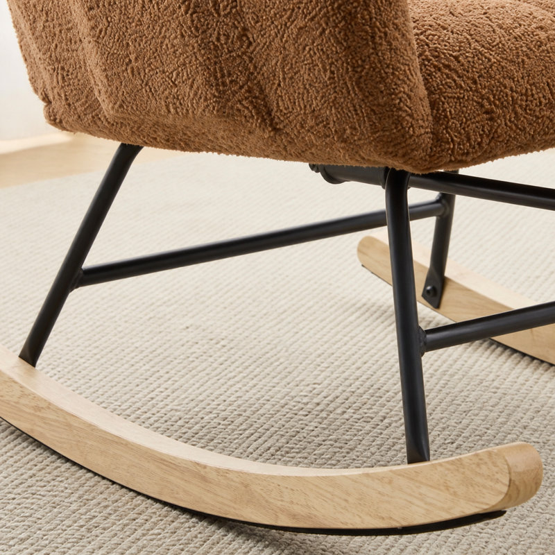 Fauteuil à bascule à oreilles brun avec repose-pieds, chaise haute en tissu Teddy avec poche latérale, base en bois massif